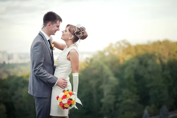 Young bride and groom standing in a park — Stock Photo, Image