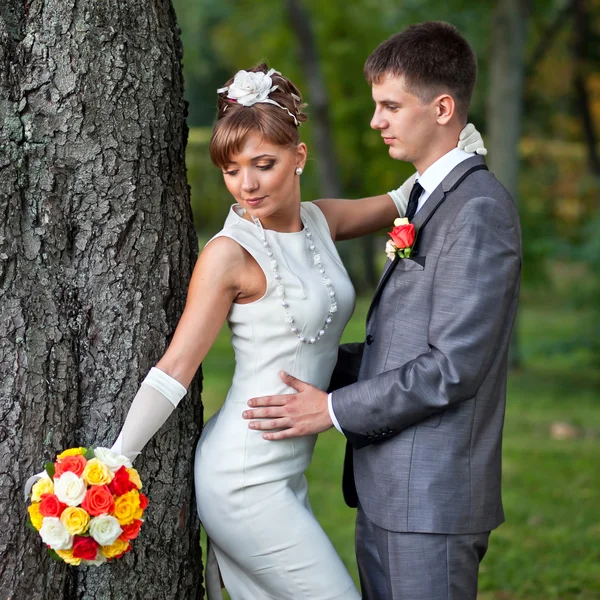 Νεαρή νύφη και τον γαμπρό που στέκεται σε ένα πάρκο — Φωτογραφία Αρχείου