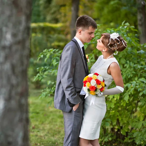 Genç gelin ve damat bir parkta duran — Stok fotoğraf