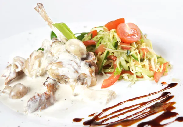 Rabbit braised with white wine with mushrooms and cream sauce fl — Stock Photo, Image