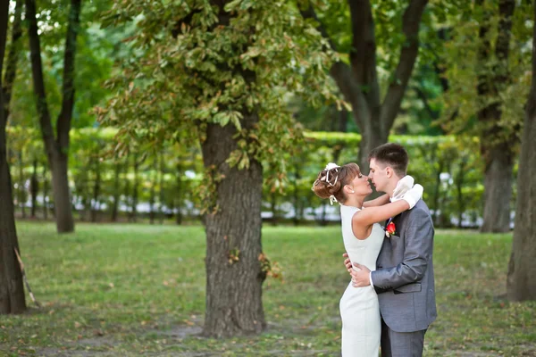 Junges Paar steht in einem Park — Stockfoto