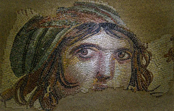 Gaziantep, Türkiye 'deki Zeugma müzesinde çingene kız mozaiği. Müze dünyanın en büyük mozaik koleksiyonlarından biridir. Zeugma antik şehri Büyük İskender tarafından kurulmuştur.