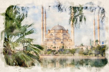 Seyhan Nehri üzerindeki Türkiye 'nin Adana kentindeki Sabancı Merkez Camii. Caminin güneşli bir günde, suluboya resmetme tarzında mavi gökyüzü yansımaları vardır.