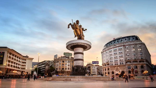 Skopje Północna Macedonia Pomnik Aleksandra Wielkiego Makedonskiego Wojowników Falangi Placu — Zdjęcie stockowe