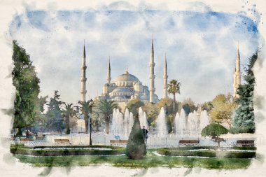 İstanbul Sultanahmet Meydanı 'ndaki Mavi Cami veya Sultan Ahmet Camii. Suluboya biçimi illüstrasyonu                      