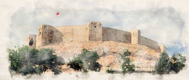 Türkiye 'nin Gaziantep kentindeki Gaziantep şatosu veya Kalesi suluboya resim tarzında