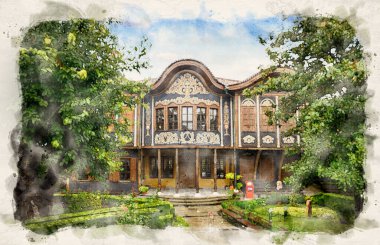 PLOVDIV, BULGARIA. Old Town 'da geleneksel bir Bulgar evi. Suluboya biçimi illüstrasyonu