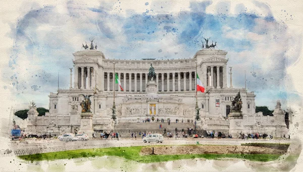 国立記念碑ヴィットリアーノまたはアルタレ デッラ パトリア 祖国の祭壇 ローマのヴェネツィア広場 イタリア水彩画のイラストスタイルで — ストック写真
