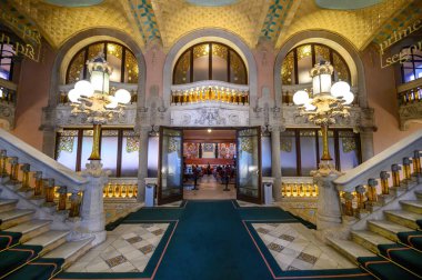 Barcelona, İspanya 'daki Katalan Müziği Sarayı. Palau de la Musica Catalana, Mimar Lluis Domenech i Montaner tarafından inşa edilmiş bir konser salonudur.