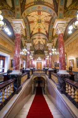 Budapest, Hungary. Interior of the Hungarian Royal State Opera House, considered one of the architect's masterpieces and one of the most beautiful in Europe.