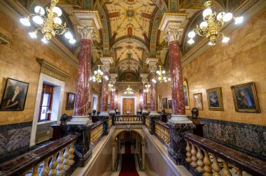 Budapest, Hungary. Interior of the Hungarian Royal State Opera House, considered one of the architect's masterpieces and one of the most beautiful in Europe.