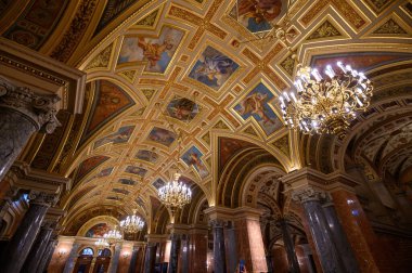 Budapest, Hungary. Interior of the Hungarian Royal State Opera House, considered one of the architect's masterpieces and one of the most beautiful in Europe.