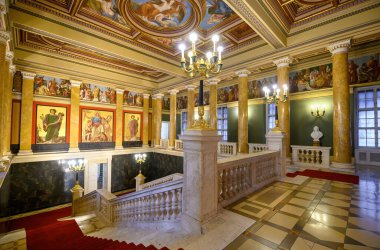 Budapest, Hungary. Interior of Hungarian National Museum - national museum for the history, art and archaeology