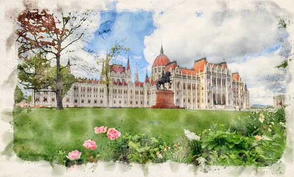 Hungarian Parliament Building Spring Budapest Hungary Watercolor Illustration Style — Zdjęcie stockowe