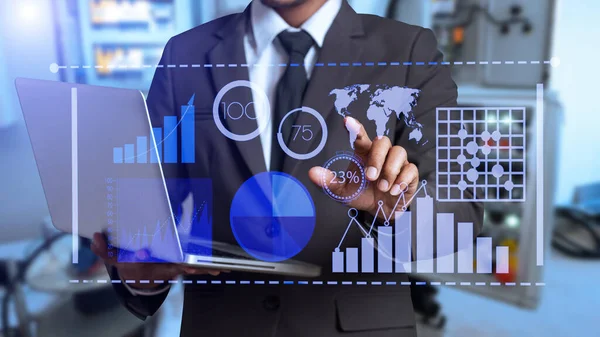 Sistema Gerenciamento Dados Com Conceito Business Analytics Mãos Equipe Negócios — Fotografia de Stock