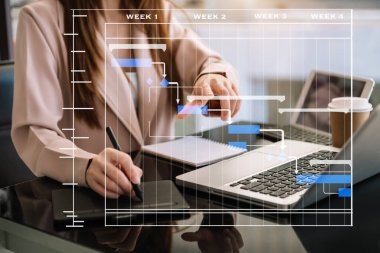 Proje yöneticisi çalışıyor ve görevleri kilometre taşları planlama ve Gantt çizelge çizelgesi çizimi ile güncelliyor. Ofiste akıllı telefon, tablet ve dizüstü bilgisayarla çalışmak