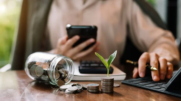 Empilhamento Moedas Mulher Negócios Com Planta Crescendo Usar Calculator Conceito — Fotografia de Stock