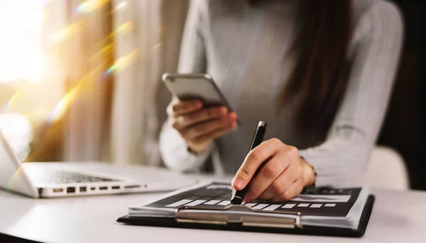 Woman Working Desk Laptop Papers Mobile — Stock fotografie