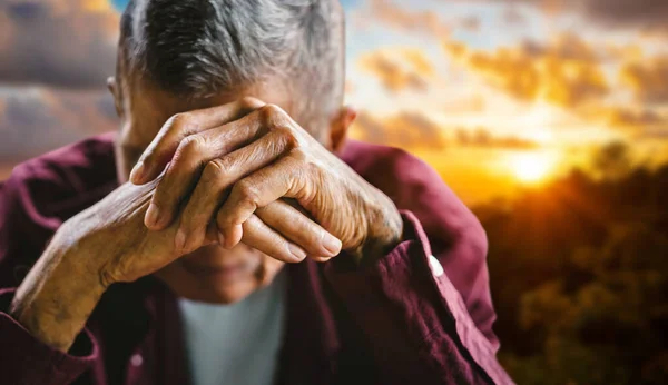 Senior Man Covering Face Hands Sorrow Depression — Photo