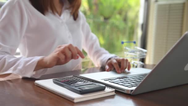 Businesswoman Desk Using Laptop Calculator — Vídeo de Stock