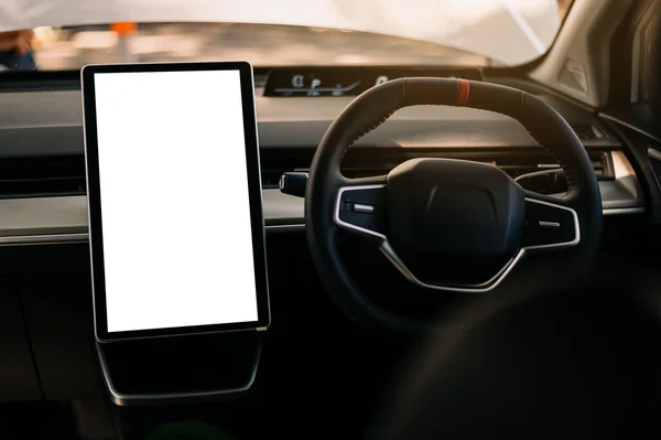 Monitor in EV car with white screen, car interior details