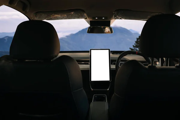 Monitor in EV car with lank screen, car interior details