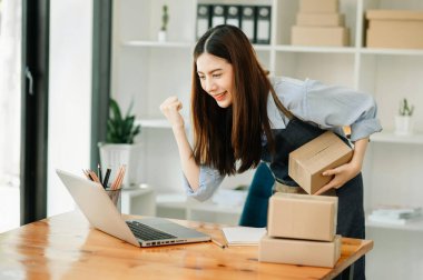 Küçük işletme girişimcisi KOBİ 'de çalışan serbest çalışan kadın, masadaki kutular ve dizüstü bilgisayarlar, pazarlama, paketleme ve ticaret konsepti