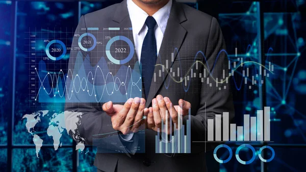 Sistema Gerenciamento Dados Com Conceito Business Analytics Homem Negócios Mãos — Fotografia de Stock