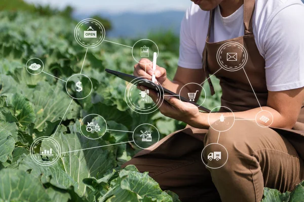 Agriculture technology, farmer man holding tablet to research agriculture problems analysis data, visual icons