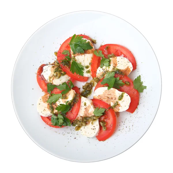 Mozzarella com tomate, manjericão fresco e alcaparras molho — Fotografia de Stock