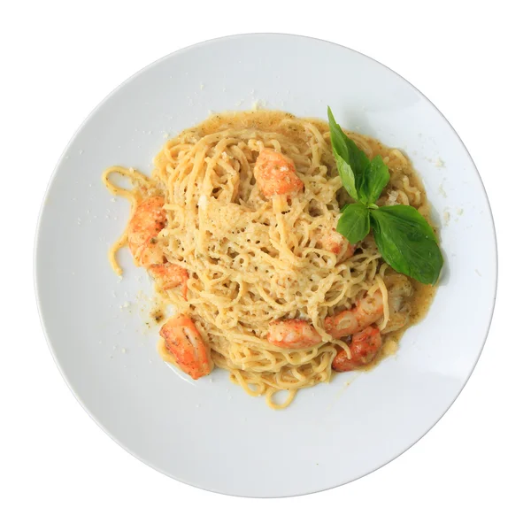 Tagliolini with pesto and shrimps closeup - top view — Stock Photo, Image