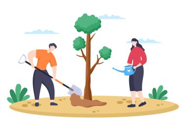 Ağaç Diken İnsanlar Düz Çizgi Film Vektör İllüzyonu Bahçe, Tarım ve Tarımla İlgili Ağaç Kökleri veya Bakım Ortamı Konsepti İçin Kürek Kullanıyor