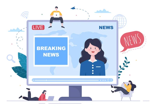 Breaking News Reporter Contexte Illustration Vectorielle Avec Radiodiffuseur Journaliste Sur — Image vectorielle