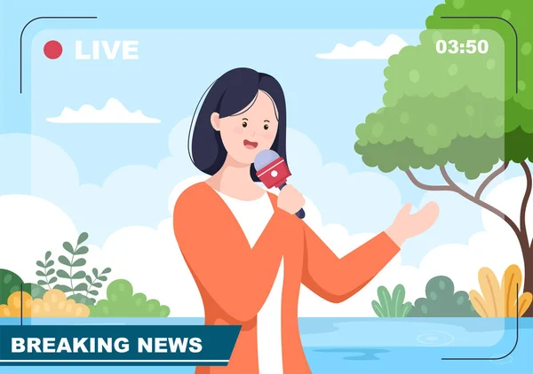 Breaking News Reporter Antecedentes Ilustración Vectorial Con Emisora Periodista Monitor — Vector de stock