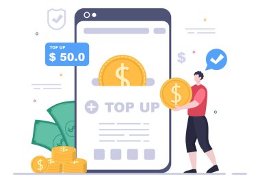Finansal Uygulama, E-Cüzdan veya Dijital Para Birimi Konsepti için Cep Telefonu Aygıtına Para Dengesi Vektörü Resmini Yükle