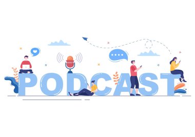 Ses, Sunucu Röportajı Konuğu ya da Ses Kayıt Cihazı ve Mikrofon Konsepti ile Çevrimiçi Şovu Kaydetmek için Kulaklık kullanan Podcast Vektör İllüstrasyonu