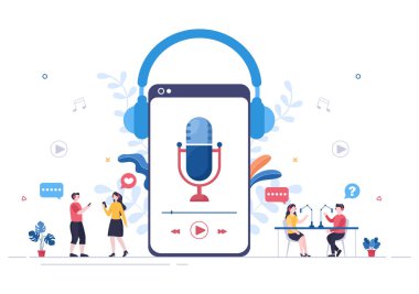 Ses, Sunucu Röportajı Konuğu ya da Ses Kayıt Cihazı ve Mikrofon Konsepti ile Çevrimiçi Şovu Kaydetmek için Kulaklık kullanan Podcast Vektör İllüstrasyonu