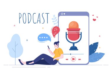 Ses, Sunucu Röportajı Konuğu ya da Ses Kayıt Cihazı ve Mikrofon Konsepti ile Çevrimiçi Şovu Kaydetmek için Kulaklık kullanan Podcast Vektör İllüstrasyonu