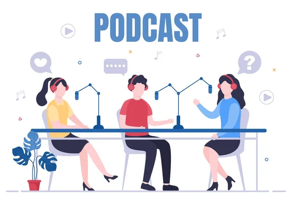 Podcast Kontekst Wektor Ilustracji Ludzie Pomocą Zestawu Słuchawkowego Nagrywania Dźwięku — Wektor stockowy