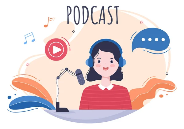 Podcast Antecedentes Ilustración Vectorial Personas Usando Auriculares Para Grabar Audio — Vector de stock