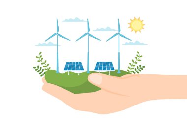 Ekolojik Sürdürülebilir Enerji Tedarik Arkaplan Düz Vektör Santral Binaları Güneş Panelleri, Gaz, Jeotermal, Yenilenebilir Su ve Rüzgar Türbinleri