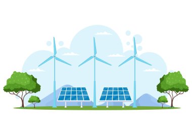 Ekolojik Sürdürülebilir Enerji Tedarik Arkaplan Düz Vektör Santral Binaları Güneş Panelleri, Gaz, Jeotermal, Yenilenebilir Su ve Rüzgar Türbinleri