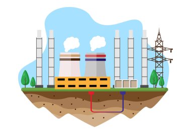 Ekolojik Sürdürülebilir Enerji Tedarik Arkaplan Düz Vektör Santral Binaları Güneş Panelleri, Gaz, Jeotermal, Yenilenebilir Su ve Rüzgar Türbinleri