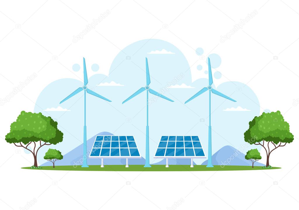 Ecological Sustainable Energy Supply Background Vector Flat Illustration Power Plant Station Buildings With Solar Panels, Gas, Geothermal, Renewable, Water and Wind Turbines