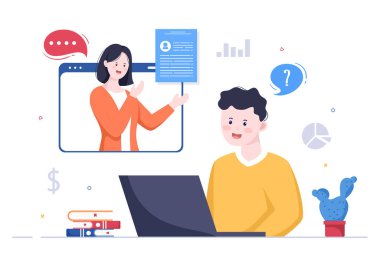 İş Görüşmesi Çevrimiçi Servisi veya Platformu, Aday ve İK Yöneticisi. Masadaki İş Adamı veya Kadın, Konuşma, Kariyer, İnsan Kaynakları Konsepti Vektör İllüzyonu