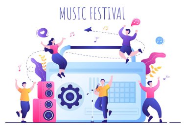 Müzik Festivali Arkaplan Vektörü İllüstrasyonu Müzik Enstrümanları ve Poster, Sancak veya Broşür İçin Canlı Şarkı Performansı