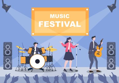 Müzik Festivali Arkaplan Vektörü İllüstrasyonu Müzik Enstrümanları ve Poster, Sancak veya Broşür İçin Canlı Şarkı Performansı