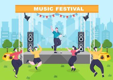 Müzik Festivali Arkaplan Vektörü İllüstrasyonu Müzik Enstrümanları ve Poster, Sancak veya Broşür İçin Canlı Şarkı Performansı