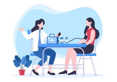 Doktor, hastane odasındaki bir hastayı kontrol ediyor. Arka plan vektör illüstrasyonu. Hastaların Sağlık, Danışmanlık ve Muayene Sağlığı İçin Tıbbi Tedavi