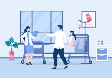Doktor, hastane odasındaki bir hastayı kontrol ediyor. Arka plan vektör illüstrasyonu. Hastaların Sağlık, Danışmanlık ve Muayene Sağlığı İçin Tıbbi Tedavi